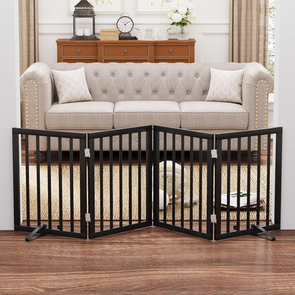 Wooden Dog Gate Freestanding Foldable 4 Panel Pet Gates Extra Wide Dog Gates for Indoor Doorways Stairs 24in Height Support Feet Included