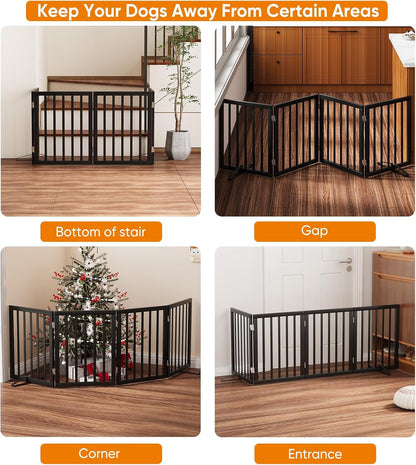 Wooden Dog Gate Freestanding Foldable 4 Panel Pet Gates Extra Wide Dog Gates for Indoor Doorways Stairs 24in Height Support Feet Included
