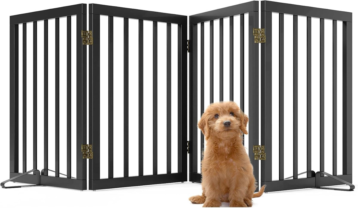 Wooden Dog Gate Freestanding Foldable 4 Panel Pet Gates Extra Wide Dog Gates for Indoor Doorways Stairs 24in Height Support Feet Included