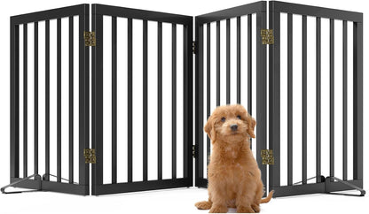 Wooden Dog Gate Freestanding Foldable 4 Panel Pet Gates Extra Wide Dog Gates for Indoor Doorways Stairs 24in Height Support Feet Included