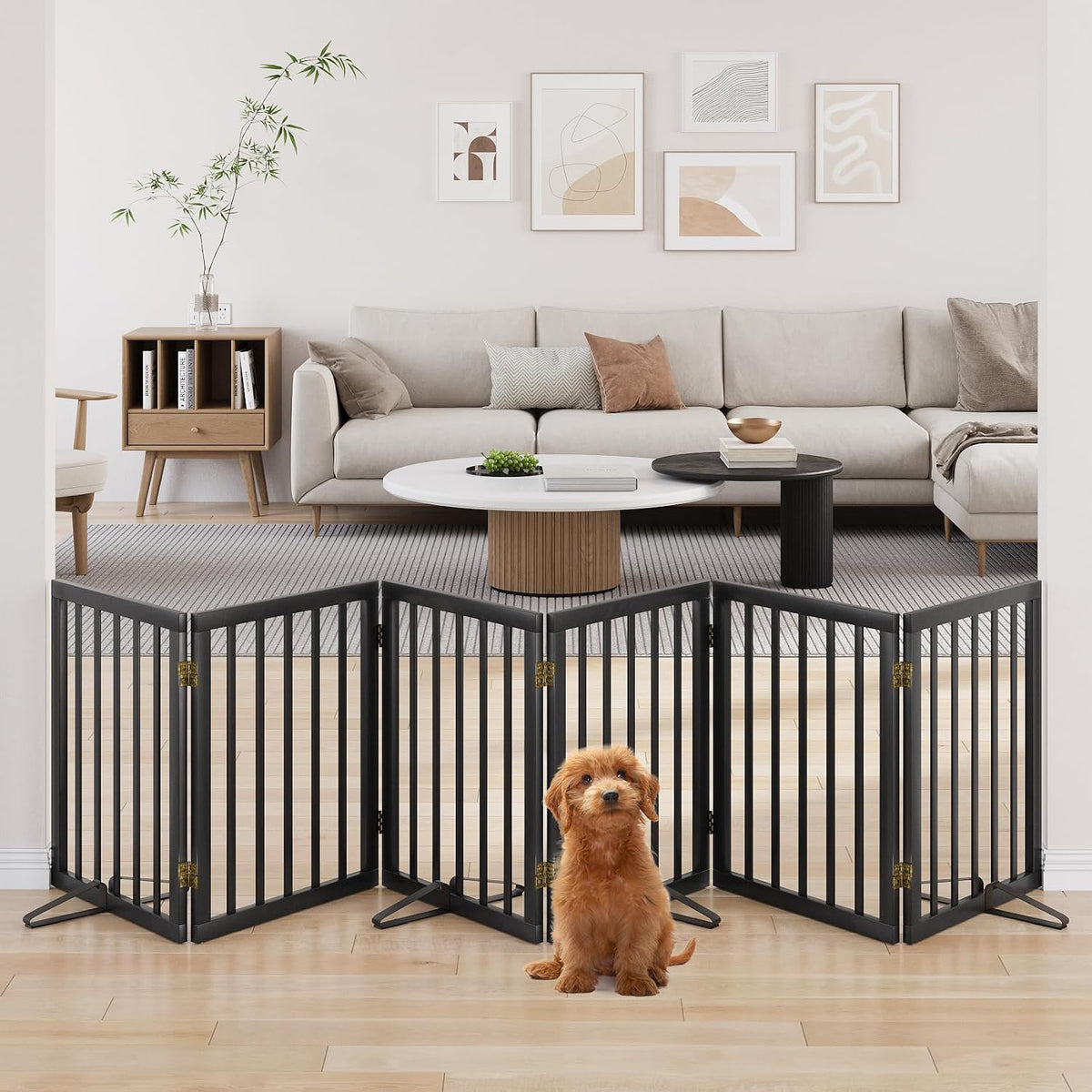 Wooden Dog Gate Freestanding Foldable 4 Panel Pet Gates Extra Wide Dog Gates for Indoor Doorways Stairs 24in Height Support Feet Included