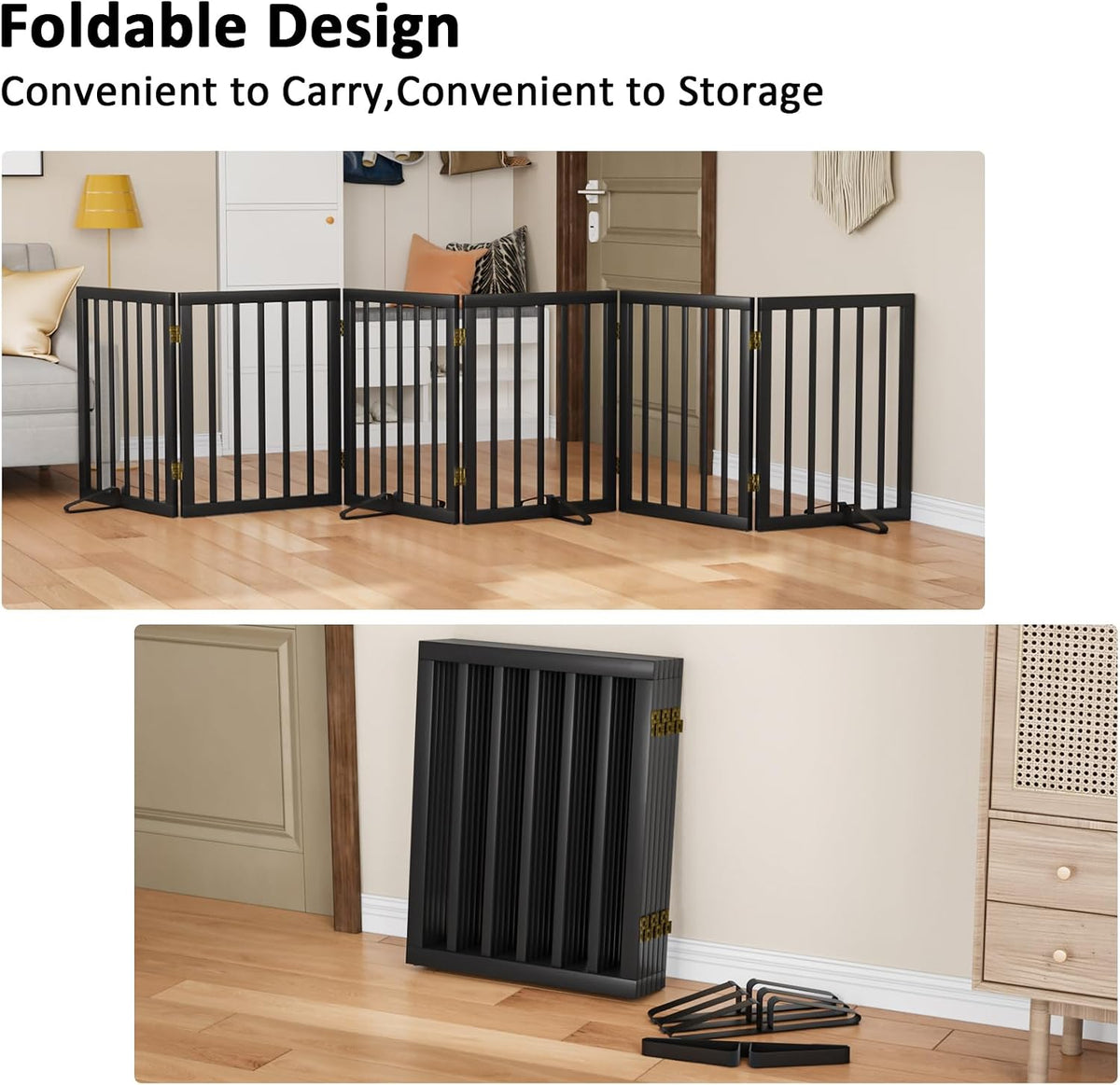 Wooden Dog Gate Freestanding Foldable 4 Panel Pet Gates Extra Wide Dog Gates for Indoor Doorways Stairs 24in Height Support Feet Included