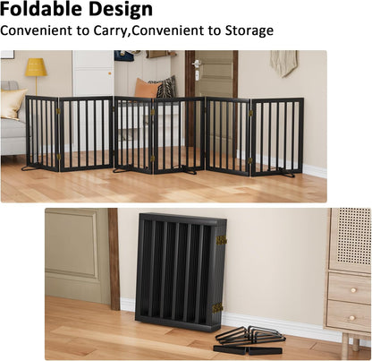 Wooden Dog Gate Freestanding Foldable 4 Panel Pet Gates Extra Wide Dog Gates for Indoor Doorways Stairs 24in Height Support Feet Included