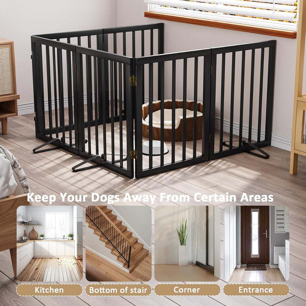 Wooden Dog Gate Freestanding Foldable 4 Panel Pet Gates Extra Wide Dog Gates for Indoor Doorways Stairs 24in Height Support Feet Included