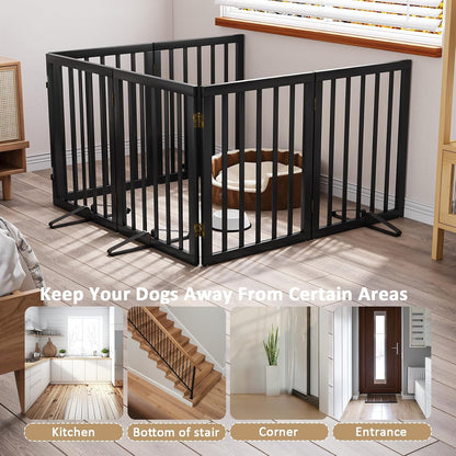Wooden Dog Gate Freestanding Foldable 4 Panel Pet Gates Extra Wide Dog Gates for Indoor Doorways Stairs 24in Height Support Feet Included