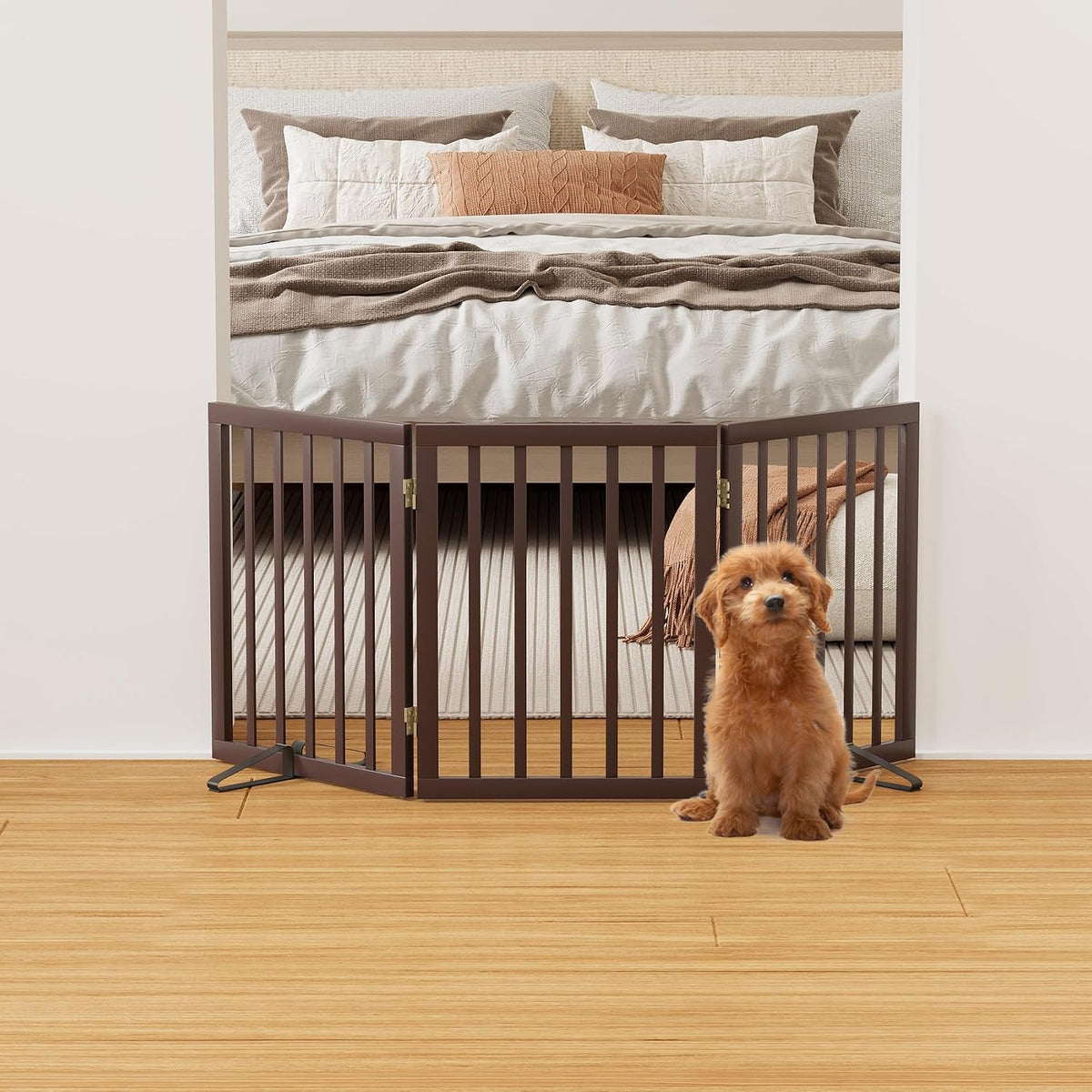 Wooden Dog Gate Freestanding Foldable 4 Panel Pet Gates Extra Wide Dog Gates for Indoor Doorways Stairs 24in Height Support Feet Included