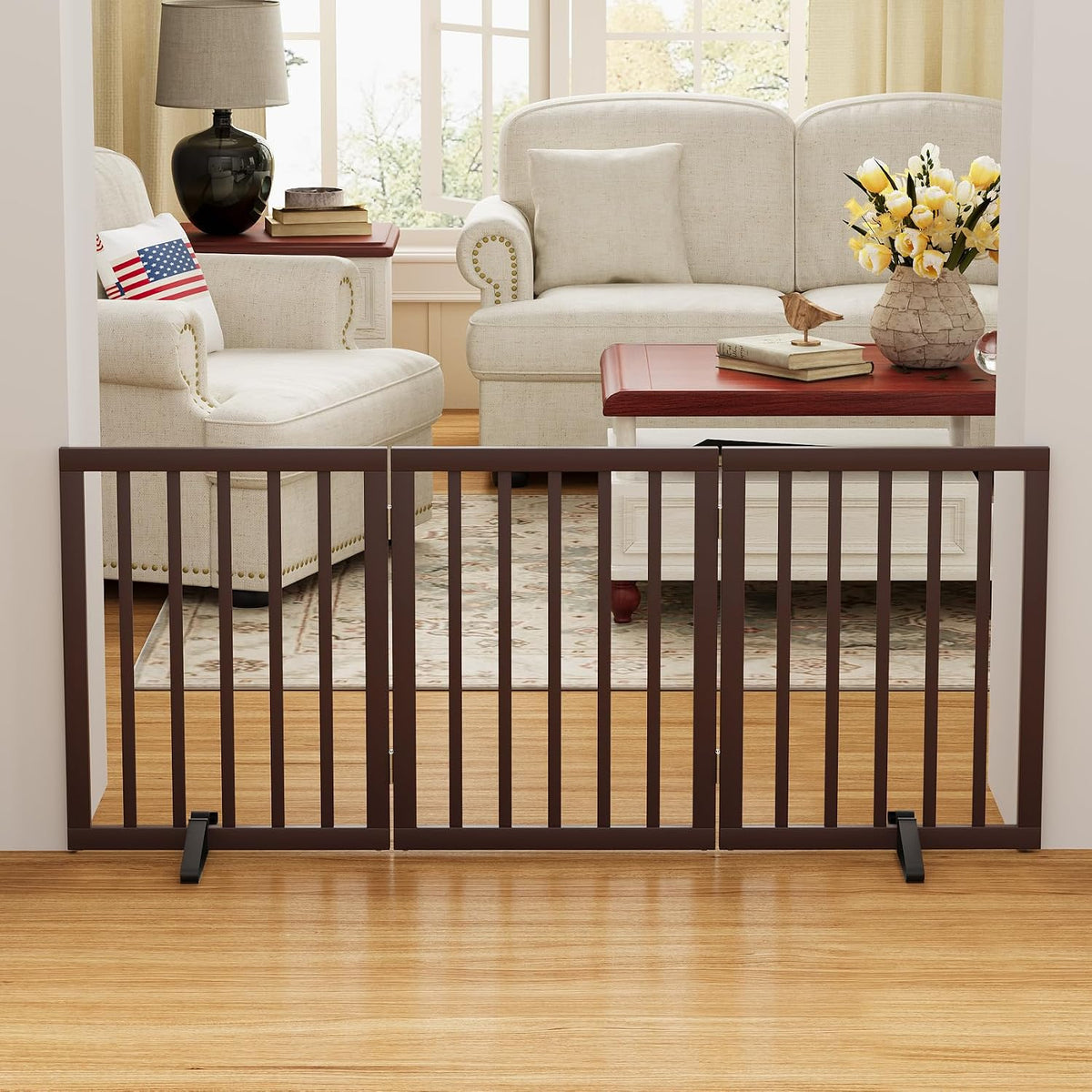 Wooden Dog Gate Freestanding Foldable 4 Panel Pet Gates Extra Wide Dog Gates for Indoor Doorways Stairs 24in Height Support Feet Included