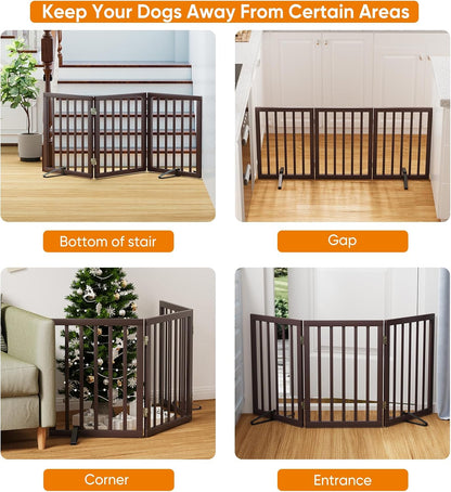 Wooden Dog Gate Freestanding Foldable 4 Panel Pet Gates Extra Wide Dog Gates for Indoor Doorways Stairs 24in Height Support Feet Included