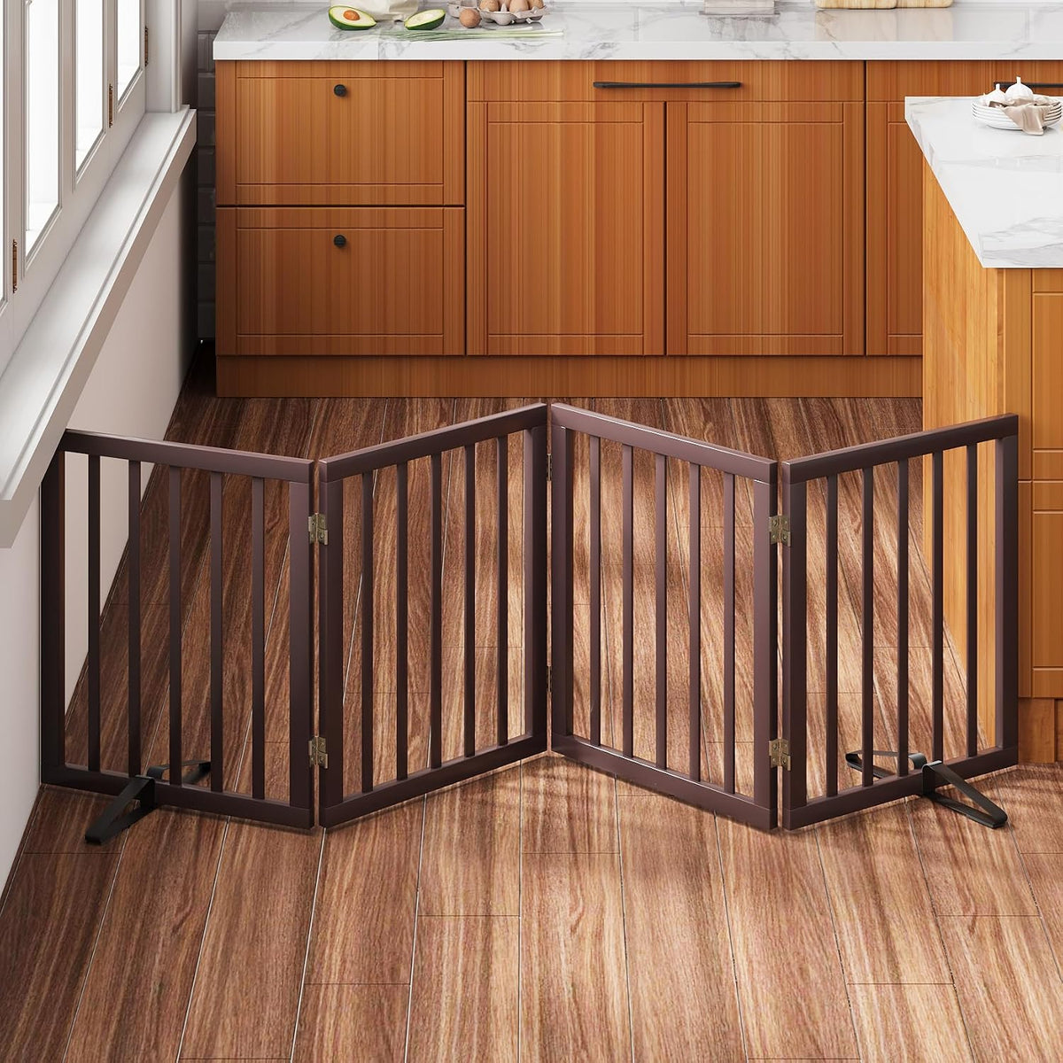 Wooden Dog Gate Freestanding Foldable 4 Panel Pet Gates Extra Wide Dog Gates for Indoor Doorways Stairs 24in Height Support Feet Included