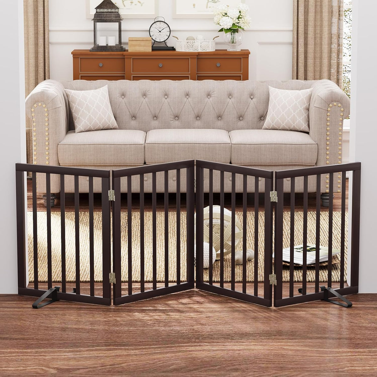 Wooden Dog Gate Freestanding Foldable 4 Panel Pet Gates Extra Wide Dog Gates for Indoor Doorways Stairs 24in Height Support Feet Included