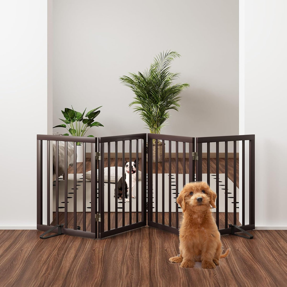 Wooden Dog Gate Freestanding Foldable 4 Panel Pet Gates Extra Wide Dog Gates for Indoor Doorways Stairs 24in Height Support Feet Included