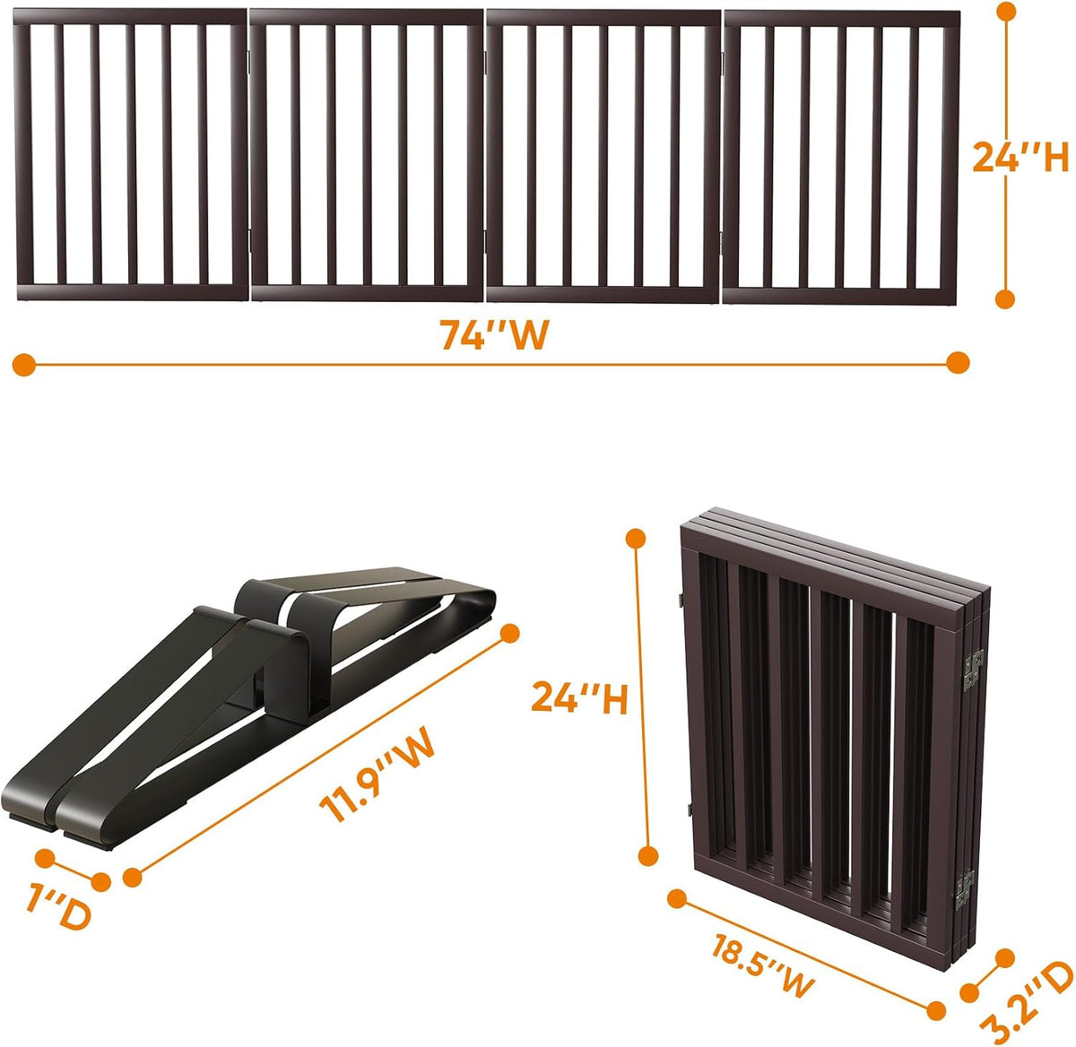 Wooden Dog Gate Freestanding Foldable 4 Panel Pet Gates Extra Wide Dog Gates for Indoor Doorways Stairs 24in Height Support Feet Included