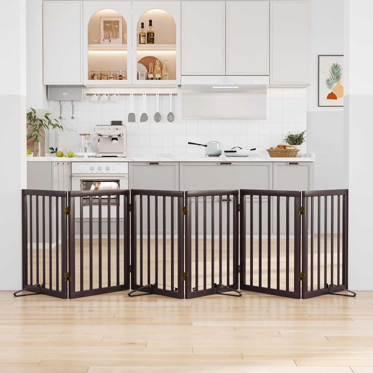 Wooden Dog Gate Freestanding Foldable 4 Panel Pet Gates Extra Wide Dog Gates for Indoor Doorways Stairs 24in Height Support Feet Included