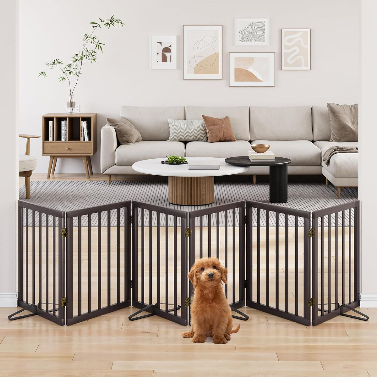 Wooden Dog Gate Freestanding Foldable 4 Panel Pet Gates Extra Wide Dog Gates for Indoor Doorways Stairs 24in Height Support Feet Included