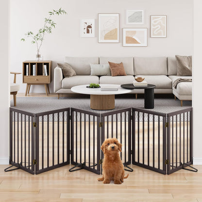 Wooden Dog Gate Freestanding Foldable 4 Panel Pet Gates Extra Wide Dog Gates for Indoor Doorways Stairs 24in Height Support Feet Included