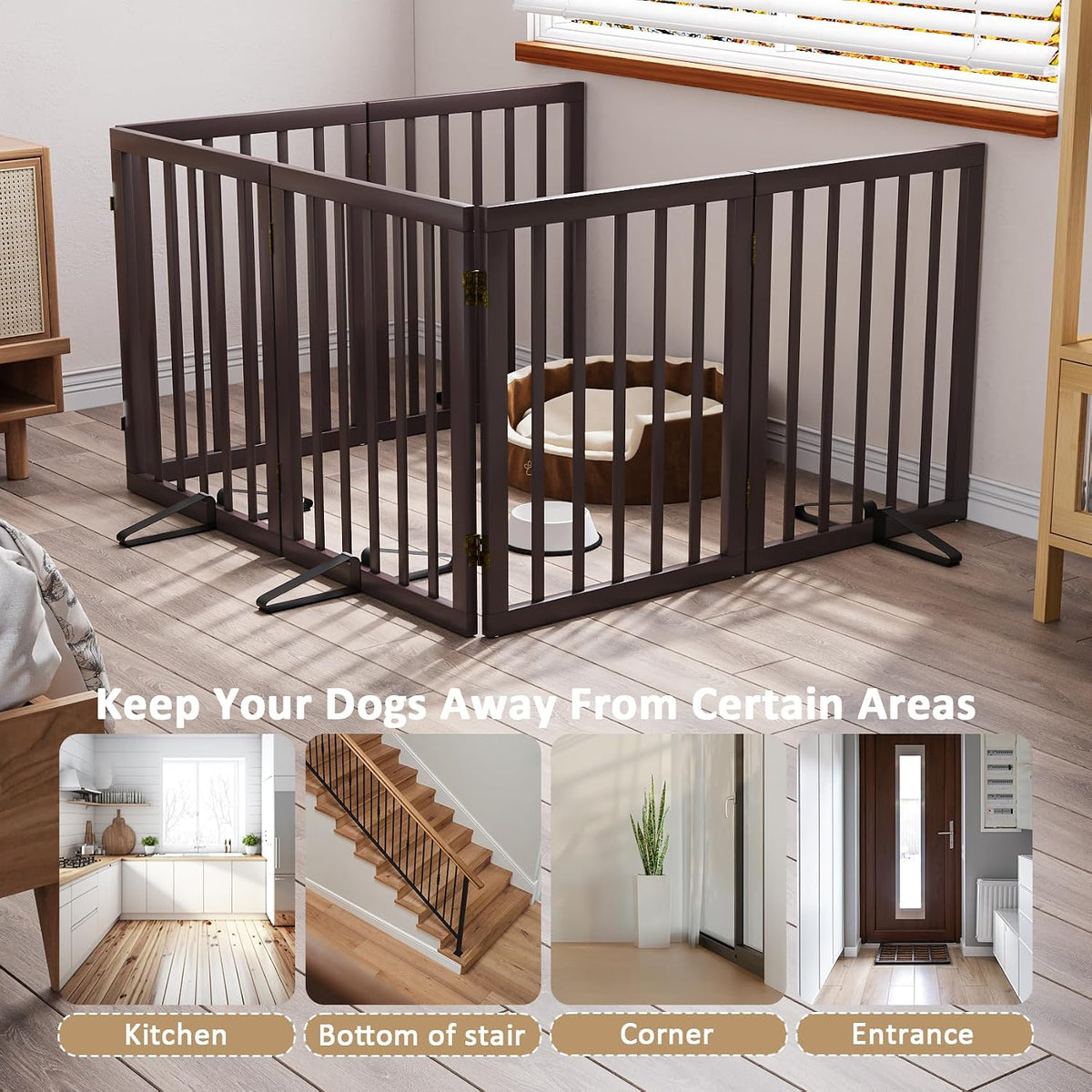 Wooden Dog Gate Freestanding Foldable 4 Panel Pet Gates Extra Wide Dog Gates for Indoor Doorways Stairs 24in Height Support Feet Included