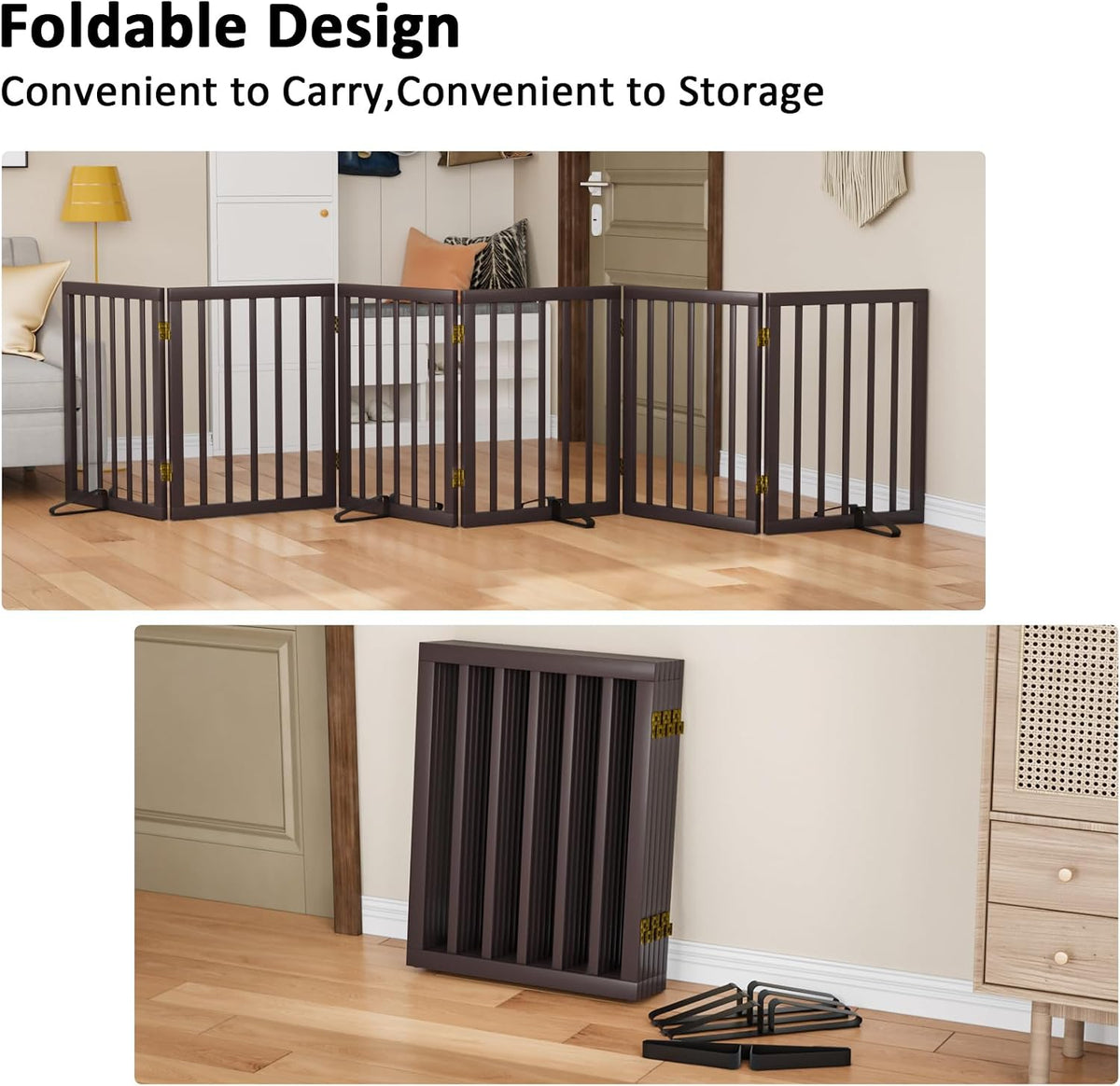 Wooden Dog Gate Freestanding Foldable 4 Panel Pet Gates Extra Wide Dog Gates for Indoor Doorways Stairs 24in Height Support Feet Included