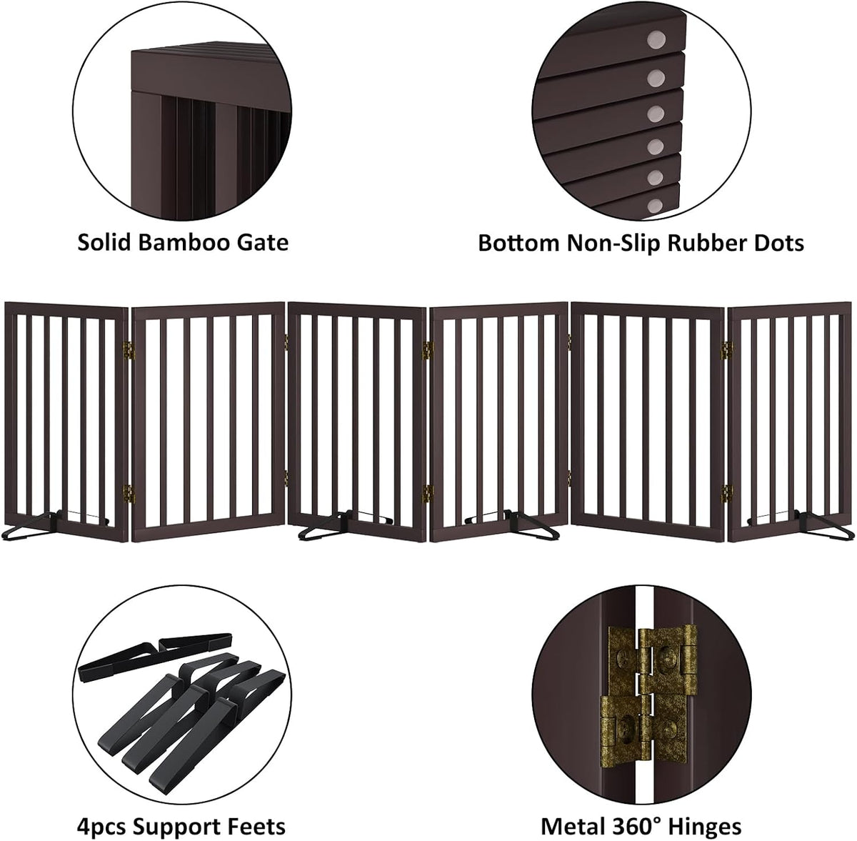 Wooden Dog Gate Freestanding Foldable 4 Panel Pet Gates Extra Wide Dog Gates for Indoor Doorways Stairs 24in Height Support Feet Included