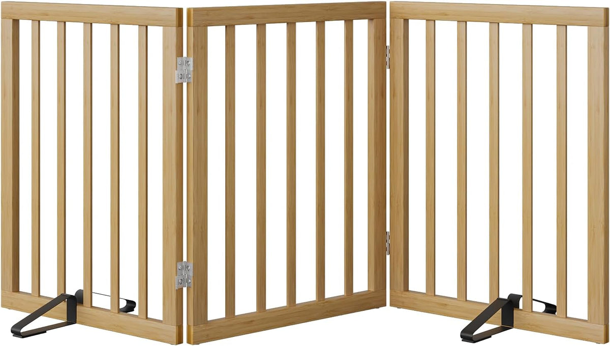 Wooden Dog Gate Freestanding Foldable 4 Panel Pet Gates Extra Wide Dog Gates for Indoor Doorways Stairs 24in Height Support Feet Included