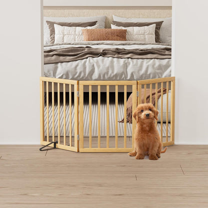 Wooden Dog Gate Freestanding Foldable 4 Panel Pet Gates Extra Wide Dog Gates for Indoor Doorways Stairs 24in Height Support Feet Included