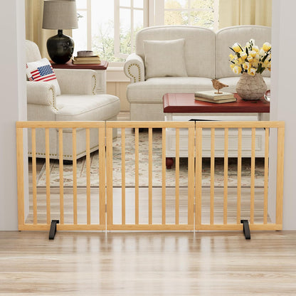 Wooden Dog Gate Freestanding Foldable 4 Panel Pet Gates Extra Wide Dog Gates for Indoor Doorways Stairs 24in Height Support Feet Included