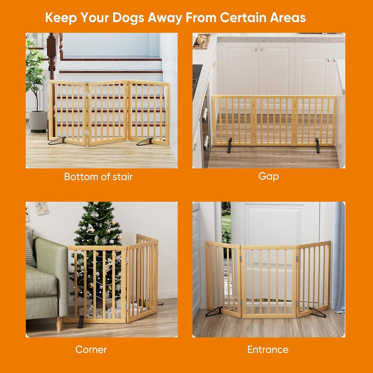 Wooden Dog Gate Freestanding Foldable 4 Panel Pet Gates Extra Wide Dog Gates for Indoor Doorways Stairs 24in Height Support Feet Included