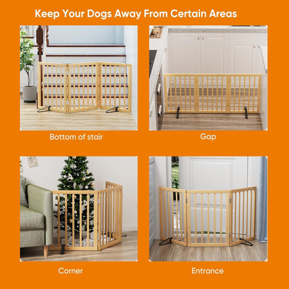Wooden Dog Gate Freestanding Foldable 4 Panel Pet Gates Extra Wide Dog Gates for Indoor Doorways Stairs 24in Height Support Feet Included