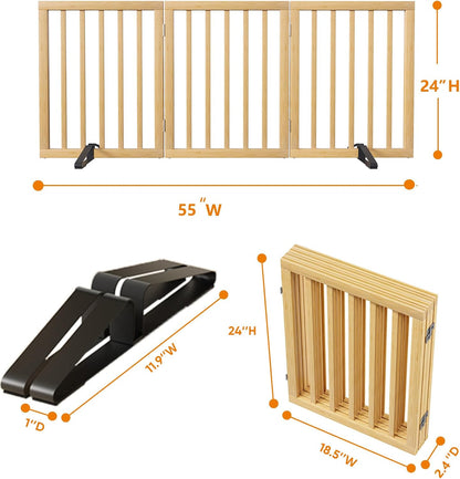 Wooden Dog Gate Freestanding Foldable 4 Panel Pet Gates Extra Wide Dog Gates for Indoor Doorways Stairs 24in Height Support Feet Included