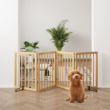 Wooden Dog Gate Freestanding Foldable 4 Panel Pet Gates Extra Wide Dog Gates for Indoor Doorways Stairs 24in Height Support Feet Included