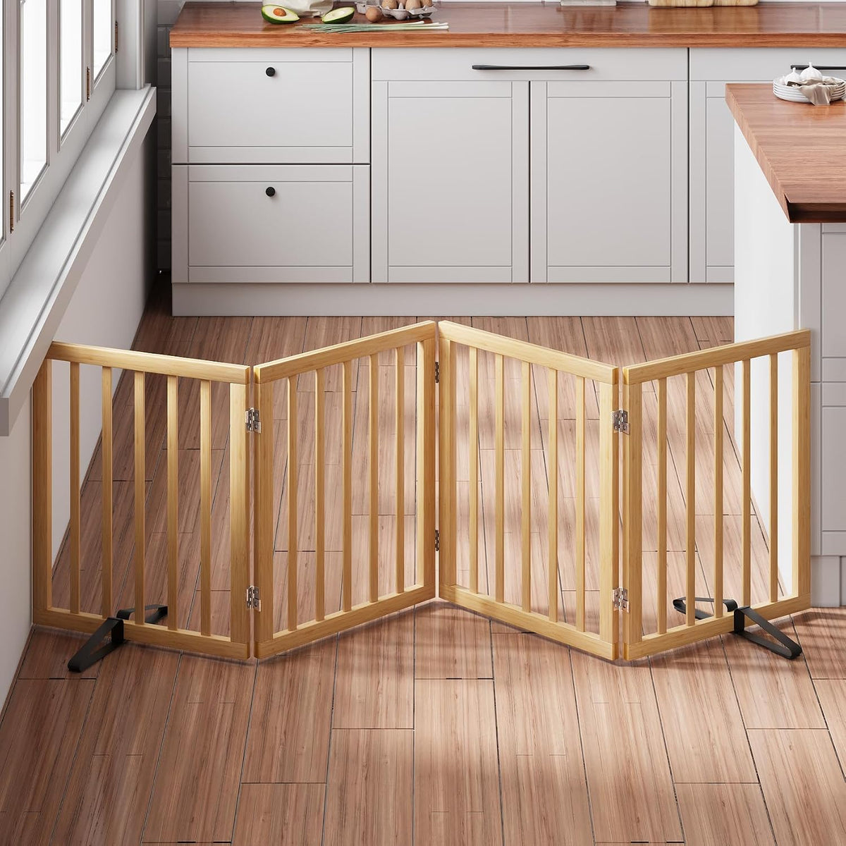 Wooden Dog Gate Freestanding Foldable 4 Panel Pet Gates Extra Wide Dog Gates for Indoor Doorways Stairs 24in Height Support Feet Included