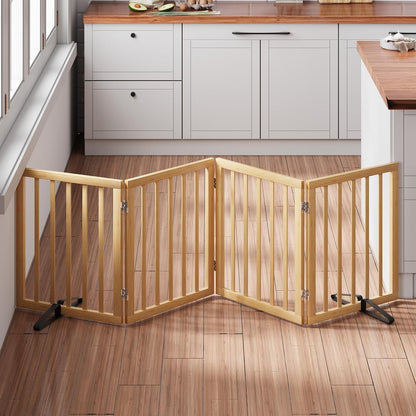 Wooden Dog Gate Freestanding Foldable 4 Panel Pet Gates Extra Wide Dog Gates for Indoor Doorways Stairs 24in Height Support Feet Included