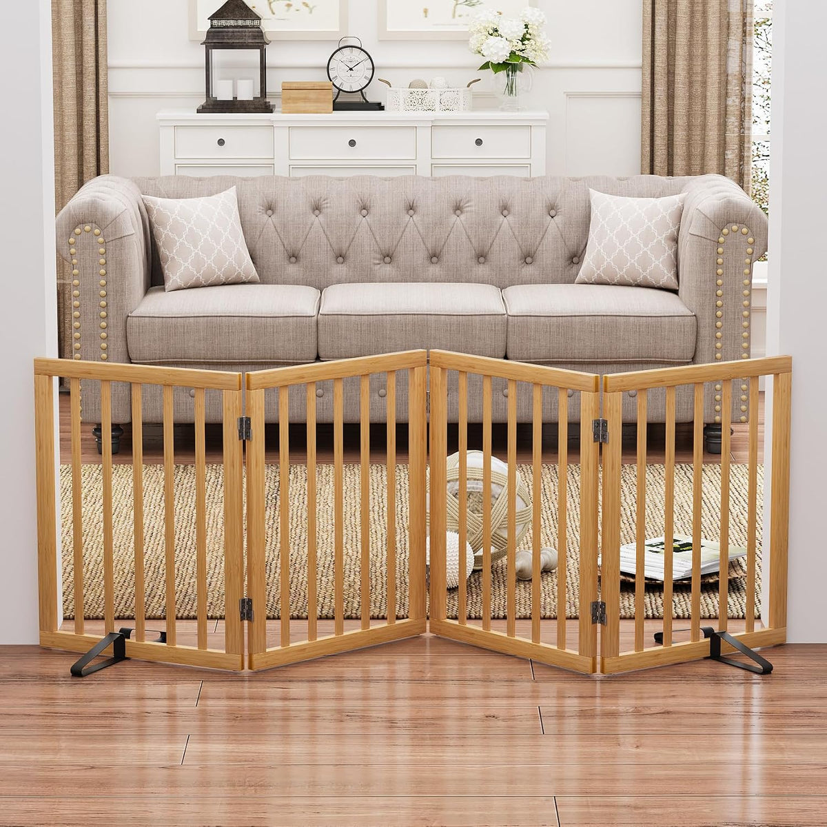 Wooden Dog Gate Freestanding Foldable 4 Panel Pet Gates Extra Wide Dog Gates for Indoor Doorways Stairs 24in Height Support Feet Included