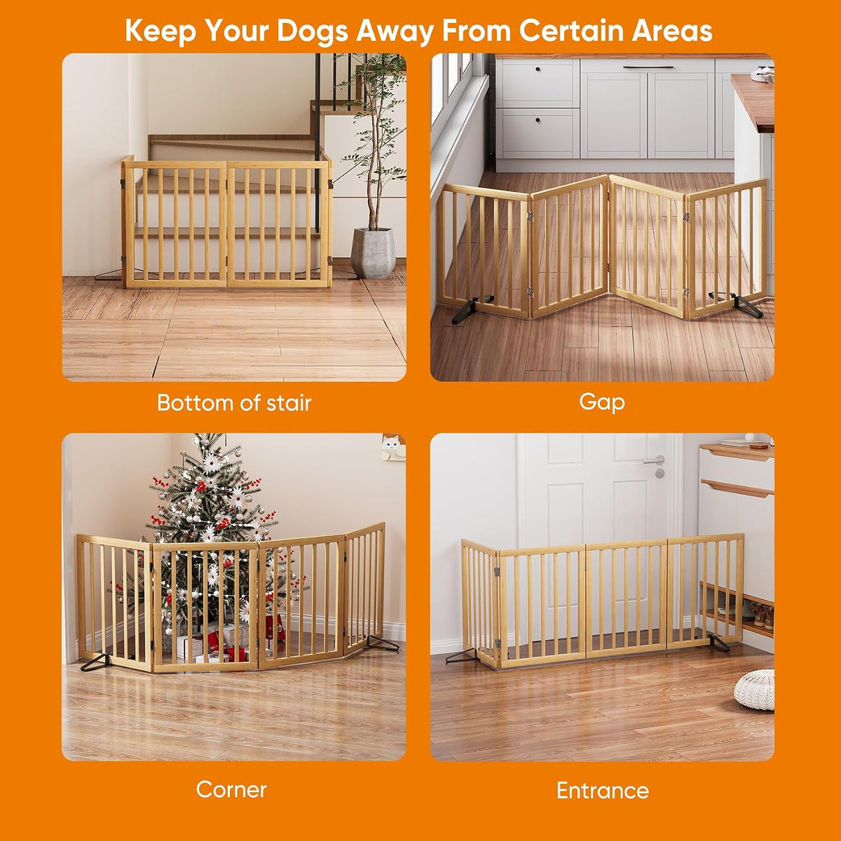 Wooden Dog Gate Freestanding Foldable 4 Panel Pet Gates Extra Wide Dog Gates for Indoor Doorways Stairs 24in Height Support Feet Included