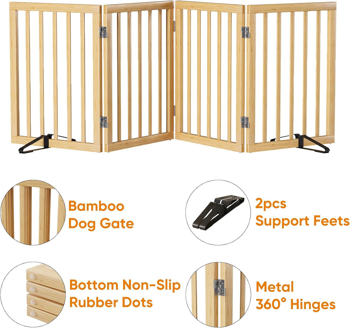Wooden Dog Gate Freestanding Foldable 4 Panel Pet Gates Extra Wide Dog Gates for Indoor Doorways Stairs 24in Height Support Feet Included