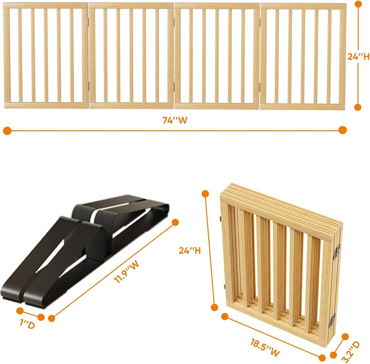 Wooden Dog Gate Freestanding Foldable 4 Panel Pet Gates Extra Wide Dog Gates for Indoor Doorways Stairs 24in Height Support Feet Included