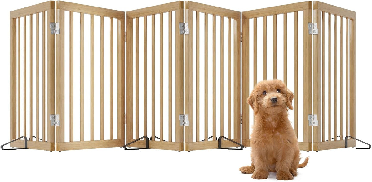 Wooden Dog Gate Freestanding Foldable 4 Panel Pet Gates Extra Wide Dog Gates for Indoor Doorways Stairs 24in Height Support Feet Included