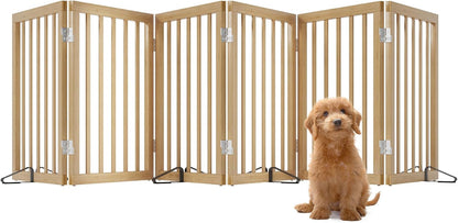 Wooden Dog Gate Freestanding Foldable 4 Panel Pet Gates Extra Wide Dog Gates for Indoor Doorways Stairs 24in Height Support Feet Included