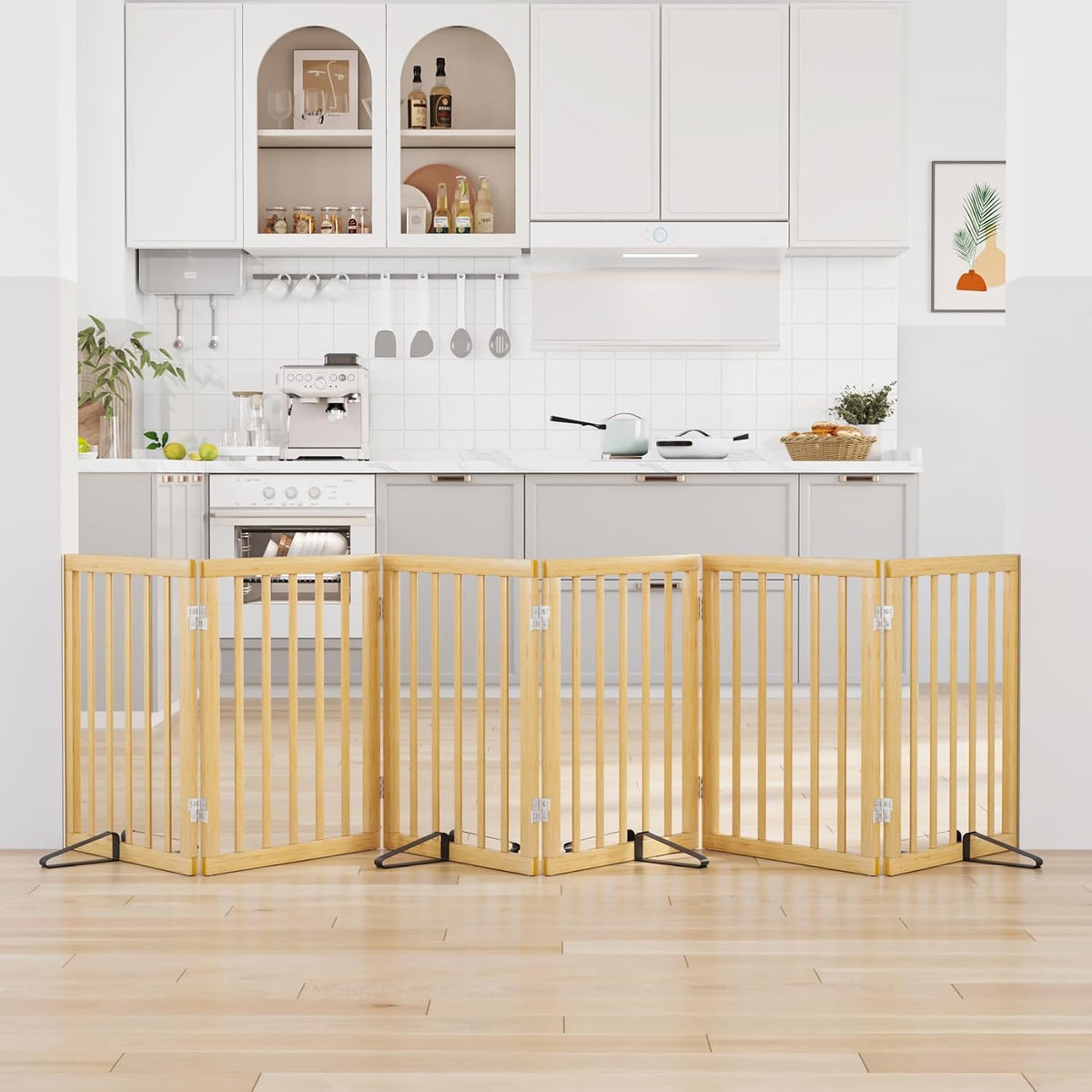 Wooden Dog Gate Freestanding Foldable 4 Panel Pet Gates Extra Wide Dog Gates for Indoor Doorways Stairs 24in Height Support Feet Included