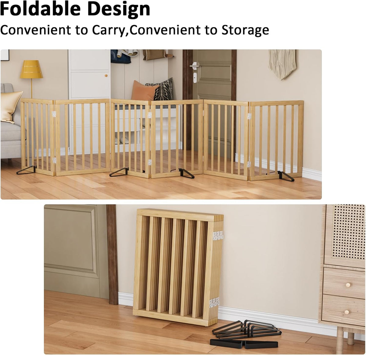 Wooden Dog Gate Freestanding Foldable 4 Panel Pet Gates Extra Wide Dog Gates for Indoor Doorways Stairs 24in Height Support Feet Included