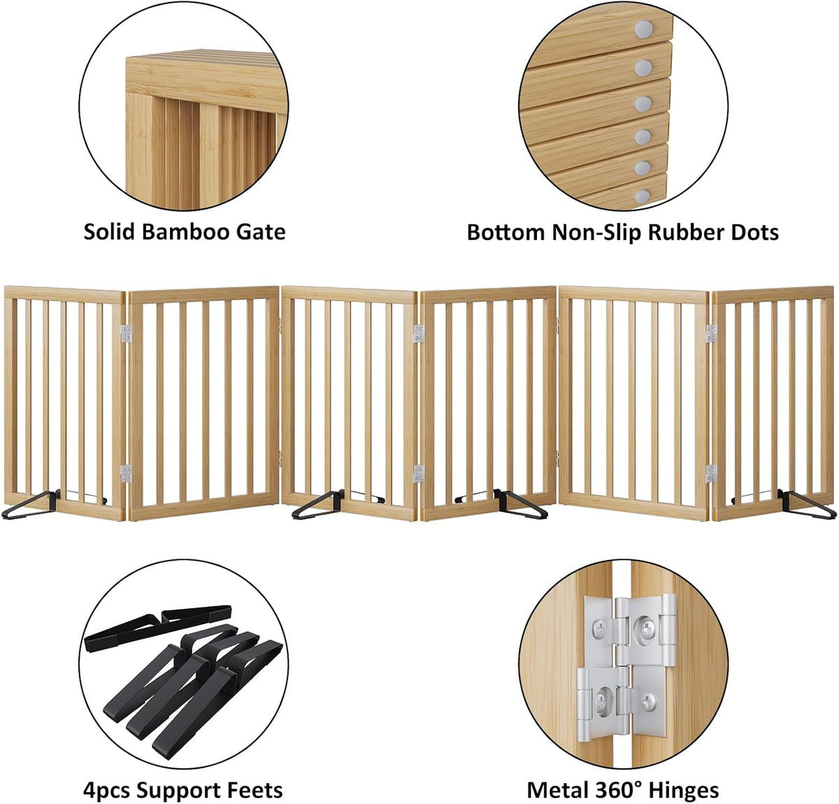 Wooden Dog Gate Freestanding Foldable 4 Panel Pet Gates Extra Wide Dog Gates for Indoor Doorways Stairs 24in Height Support Feet Included