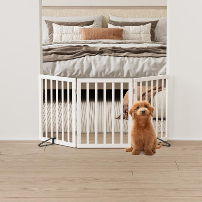 Wooden Dog Gate Freestanding Foldable 4 Panel Pet Gates Extra Wide Dog Gates for Indoor Doorways Stairs 24in Height Support Feet Included
