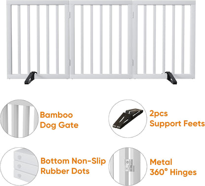 Wooden Dog Gate Freestanding Foldable 4 Panel Pet Gates Extra Wide Dog Gates for Indoor Doorways Stairs 24in Height Support Feet Included