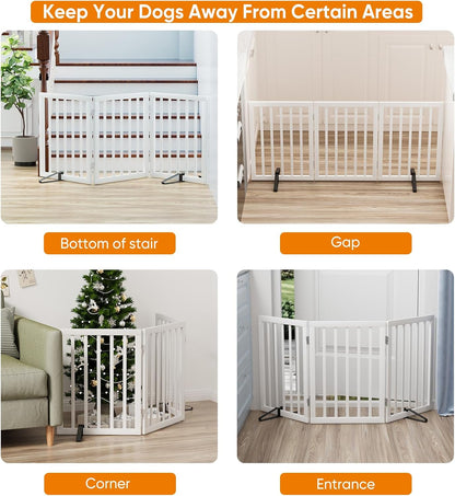 Wooden Dog Gate Freestanding Foldable 4 Panel Pet Gates Extra Wide Dog Gates for Indoor Doorways Stairs 24in Height Support Feet Included