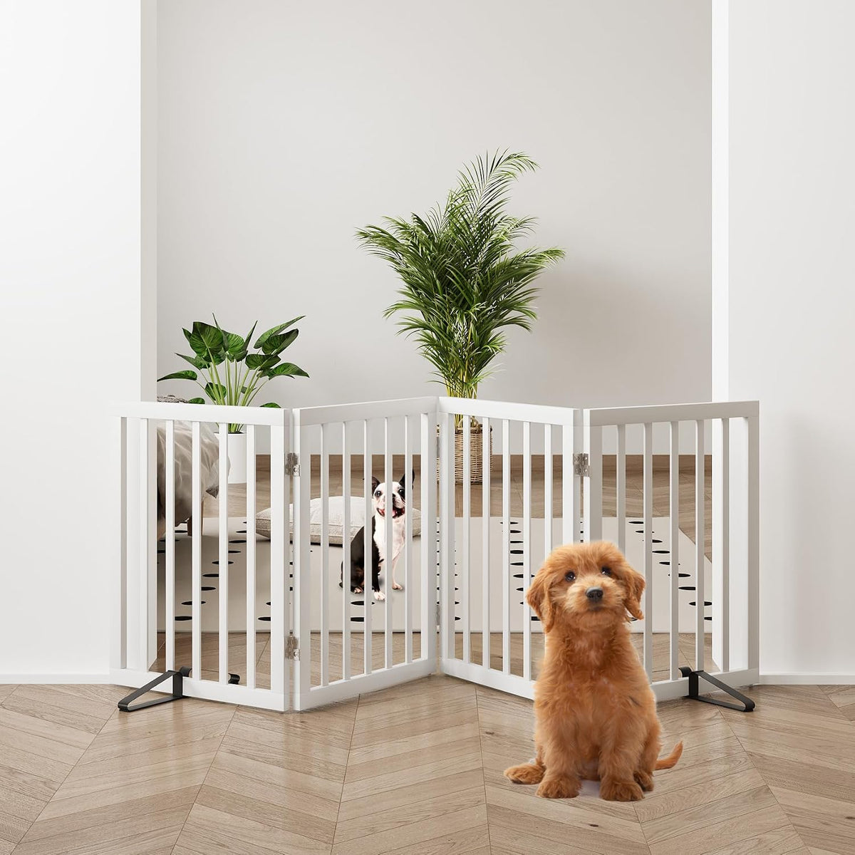 Wooden Dog Gate Freestanding Foldable 4 Panel Pet Gates Extra Wide Dog Gates for Indoor Doorways Stairs 24in Height Support Feet Included