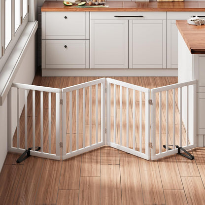 Wooden Dog Gate Freestanding Foldable 4 Panel Pet Gates Extra Wide Dog Gates for Indoor Doorways Stairs 24in Height Support Feet Included