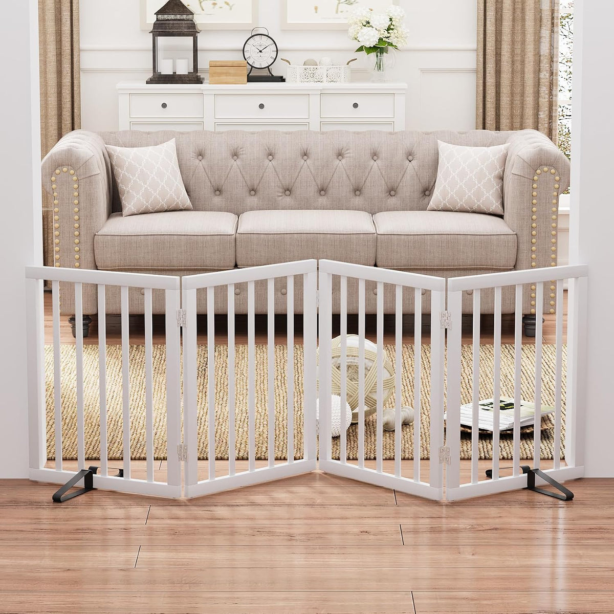 Wooden Dog Gate Freestanding Foldable 4 Panel Pet Gates Extra Wide Dog Gates for Indoor Doorways Stairs 24in Height Support Feet Included