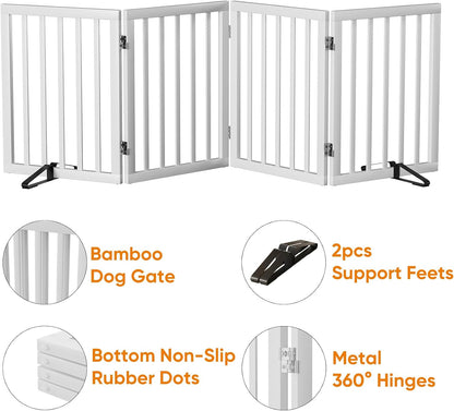 Wooden Dog Gate Freestanding Foldable 4 Panel Pet Gates Extra Wide Dog Gates for Indoor Doorways Stairs 24in Height Support Feet Included
