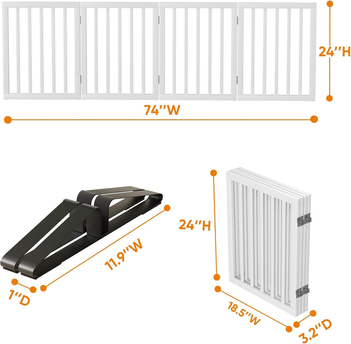 Wooden Dog Gate Freestanding Foldable 4 Panel Pet Gates Extra Wide Dog Gates for Indoor Doorways Stairs 24in Height Support Feet Included