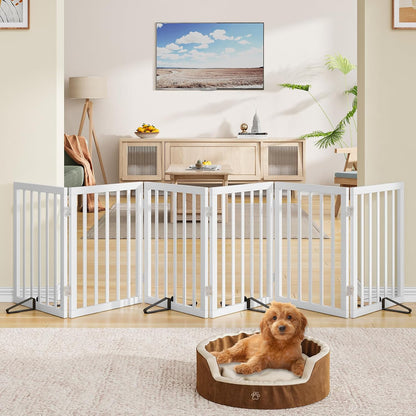 Wooden Dog Gate Freestanding Foldable 4 Panel Pet Gates Extra Wide Dog Gates for Indoor Doorways Stairs 24in Height Support Feet Included