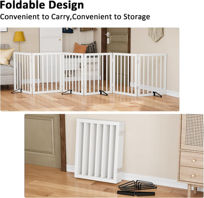 Wooden Dog Gate Freestanding Foldable 4 Panel Pet Gates Extra Wide Dog Gates for Indoor Doorways Stairs 24in Height Support Feet Included